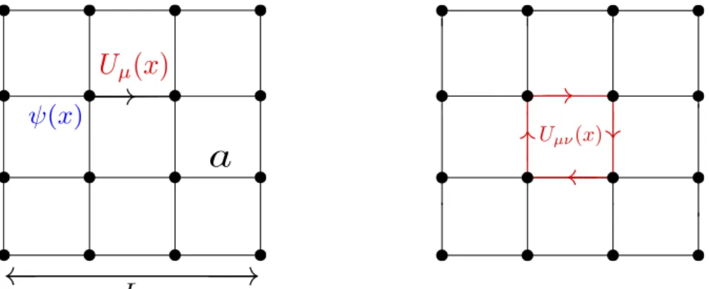 Figure 1.1 – Notations used for the fermionic field ψ(x) and the link variable U µ (x)
