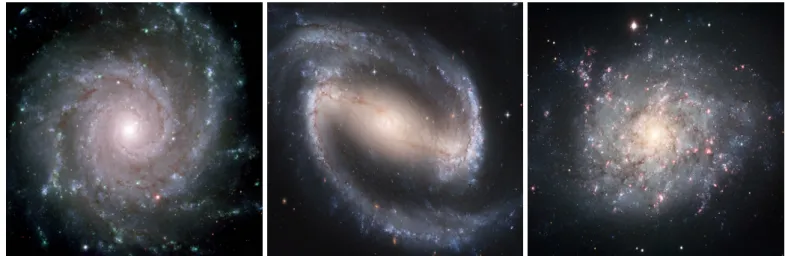 Figure 1.1: Examples of spiral galaxies that present di ff erent detailed morphology. From left to right, NGC 628 (M74), a grand design spiral galaxy (SA(s)c) observed by the 8.1-meter North Telescope of the Gemini Observatory , NGC 1300 a barred spiral ga