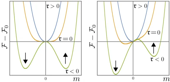 Figure 1.5: Ginzburg-Landau free energy in zero field h = 0 (left panel) and in a magnetic field h 6= 0 (right panel).