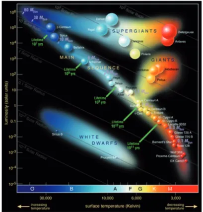 Figure 2. Diagramme de Hertzsprung-Russell, représentant la luminosité d’une étoile en fonction de sa  température  en  surface