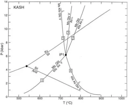 Fig. 1. Petrogenetic grid in pressure (P)–temperature (T) space showing the location of  selected reactions in the system K 2 O–Al 2 O 3 –SiO 2 –H 2 O (KASH) taken from Spear et al