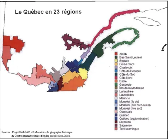Figure 2.1.  Southern  Québec subdivided  into 23  BALSAC  Register regions.  These  regions were defmed based on geography and peopling history (Reprinted from BALSAC  - Fichier de population)