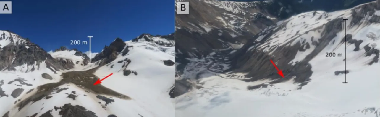 Figure 1.2.  Rock avalanches (arrows) at Mount Meager in summer 2018. A) Job  Valley. B) Devastation Valley