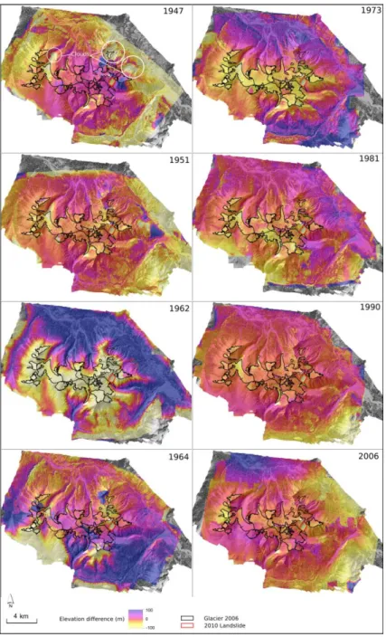 Figure 2.2.  DEMs of difference between the photo datasets and the Lidar  reference. Black outlines are the glaciers in 2006