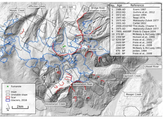 Figure 2.5.  Overview of the Mount Meager volcanic complex showing the 2016  glacier extent, landslide scars with reference number, unstable  areas, and figure locations