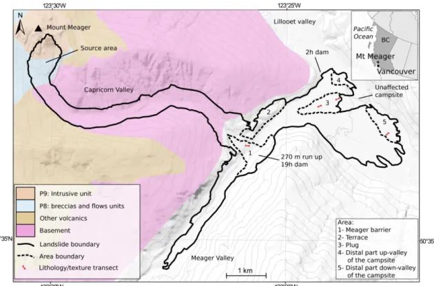 Figure 3.1.  Mount Meager area (British Columbia) (geology after Read 1979),  showing margins of the Mount Meager 2010 landslide, the locations  and durations of the landslide dams, and the five deposit areas  discussed in the paper