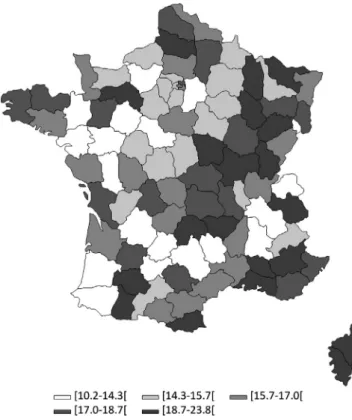 FIGURE 3  CML prevalence rates in 2014 by Department in  France. CML: Chronic Myeloid Leukemia