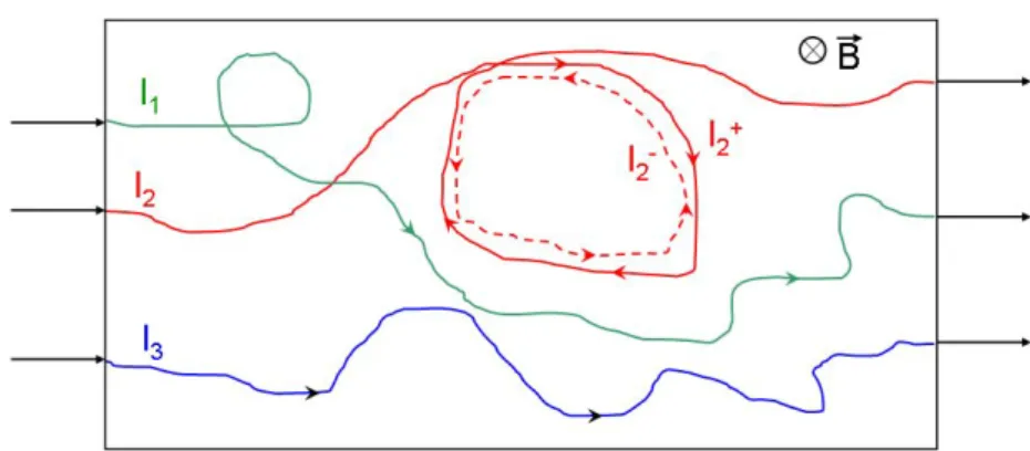 Figure 2.17: Schematic electron diusion in a disordered system. The curves repre- repre-sent dierent electron trajectories with ( l 1 , l 2 ) and without ( l 3 ) closed-loop regions.