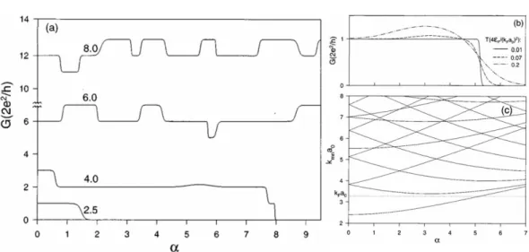 Figure 2.19: a) Conductance of a NW as a function of normalized magnetic ux (α = Φ/Φ 0 )