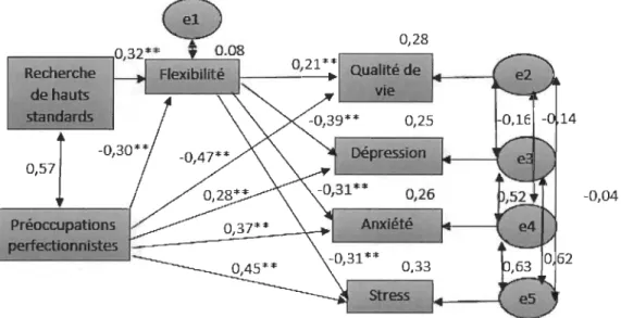 Figure 1.  Analyses d'équations structurales examinant la relation entre les facteurs  du  perfectionnisme, la flexibilité et le fonctionnement au temps  1
