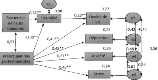 Figure  2.  Analyses  d'équations  structurales  examinant  la relation  entre  les  facteurs  du  perfectionnisme  et  la  flexibilité  au  temps  1  avec  les  variables  de  fonctionnement  psychologique 6 mois plus tard