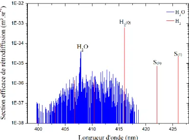 FIGURE 2.31 – Zoom sur le spectre Raman ro-vibrationnel d’H 2 O et d’H 2  à 300K pour une excitation  laser à 355 nm