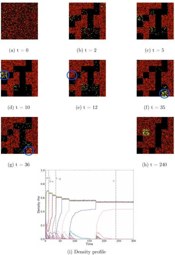 Figure 2.3 – Evolution of the city for p = 0.03, Q = 36 and H = 225. Panels (a- (a-h) show the occupation of the different neighborhoods at different times