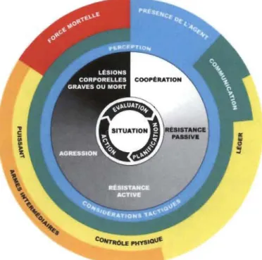 Figure  1.  Modèle national de l'emploi de  la  force  de l'Association canadienne des chefs  de police (Association canadienne des chefs de police, 2013)