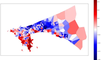 Figure 3 : Relative difference of antenna mass between nigh and day in Dakar. Each Voronoi cell is colored with respect to the value