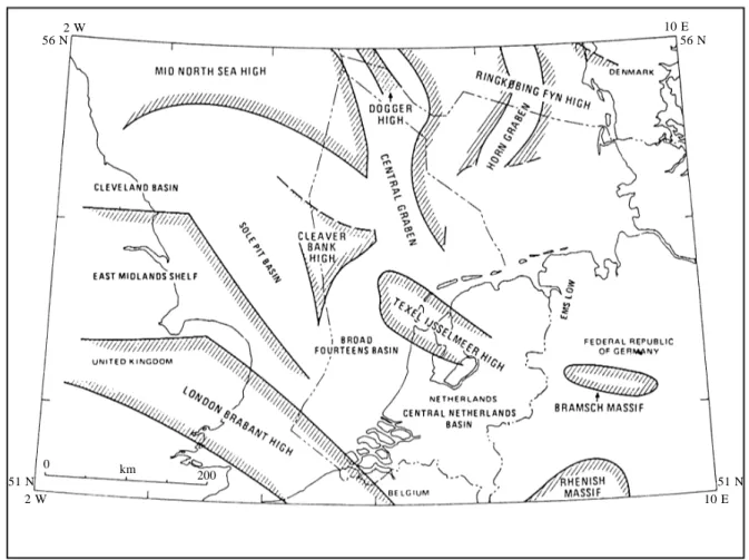 Figure II.4 : Cadre structural de la Mer du Nord (modifié d’après Barnard &amp; Cooper, 1983)