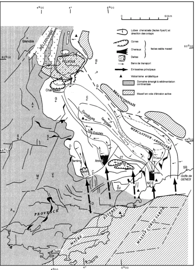 Figure II.11 : Paléogéographie et morphologie des bassins de sédimentation lors de la mise en place des Grès d’Annot (d’après Ravenne et al., 1987).