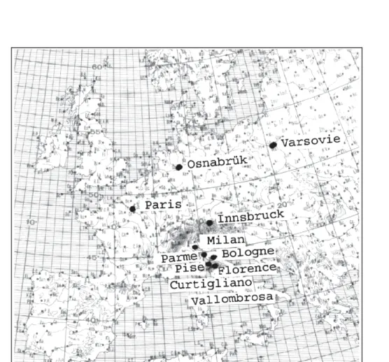 Fig 2.1 Le premier réseau d'observations météorologiques  institué par FERDINAND II. 