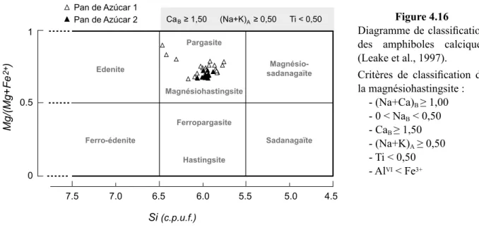 Diagramme de classification  des  amphiboles  calciques  (Leake et al., 1997). Critères  de  classification  de  la magnésiohastingsite :     - (Na+Ca) B  ≥ 1,00     - 0 &lt; Na B  &lt; 0,50     - Ca B  ≥ 1,50     - (Na+K) A  ≥ 0,50     - Ti &lt; 0,50     