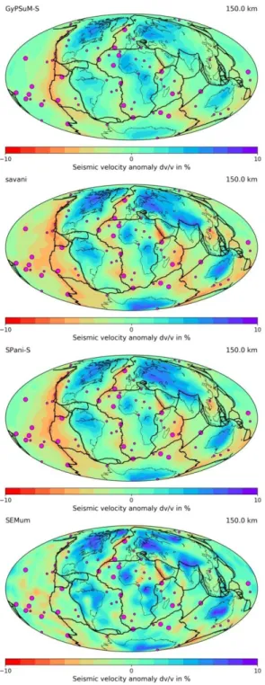 Figure I.5 S wave velocities variation at 150 km depth for  different  models.  Figure  made  with  Submachine  website,  (Hosseini et al.,2018)