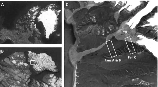 Figure 2.1  Study site located in the Canadian Arctic Archipelago (A) on the southem  plain  of Bylot  Island  (B),  the  three  alluvial  fans  sampled  in  Qarlikturvik  valley (C)