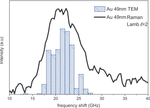 Figure S3: Frequency distribution deduced from the TEM diameter histogram of Au49 sample (blue histogram) plotted along with Raman spectra of the ℓ =2 mode measured from NPs of the same batch with a 532nm laser excitation (black).