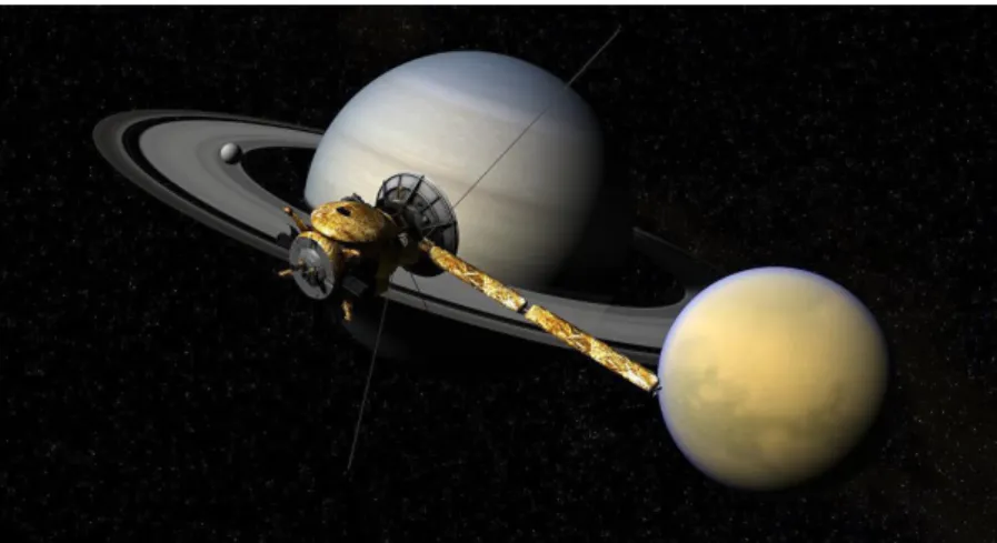 Figure 2. Vue d’artiste de la sonde Cassini autour du système Saturnien (ici : Titan, Encelade et Saturne)