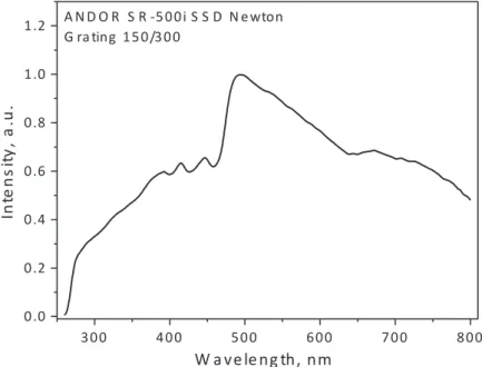 Figure 2.8: Spectral sensitivity of the ANDOR Newton CCD coupled with Shamrock 500i spectrograph