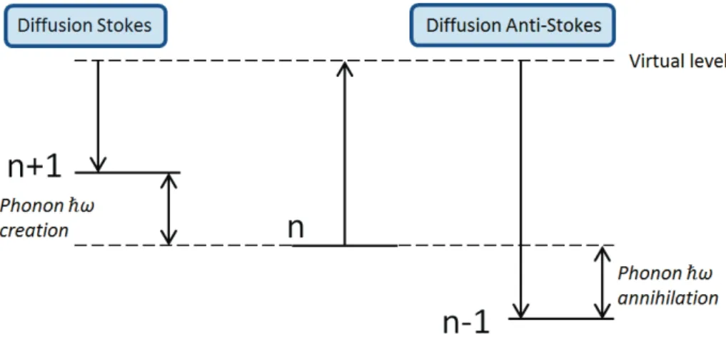 Figure 2.4 – Processus de diﬀusion Stokes et Anti-Stokes d’un point de vue quantique.