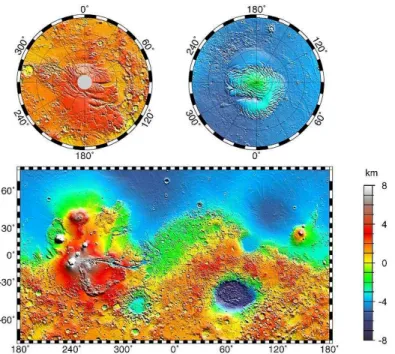 Figure 1.3-1 : Carte topographique de la planète Mars obtenue grâce à l’altimètre laser MOLA (Mars Orbiter  Laser Altimeter) à bord de la sonde Mars Global Surveyor (source : NASA/JPL)