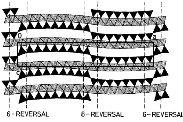 Figure II-7. Structure of antigorite model (Mellini et al., 1987). Tetrahedra are represented in black (m=17)  and octahedra in grey