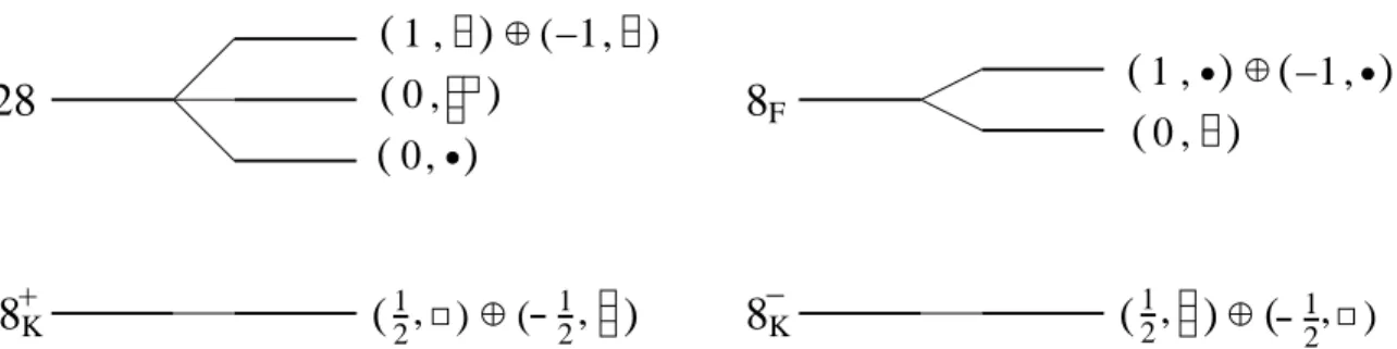 Fig. III.6: brisure des multiplets de SO(8) sous SU(4) × U(1). 8 f d´esigne l´octet de fermions, 8 + k