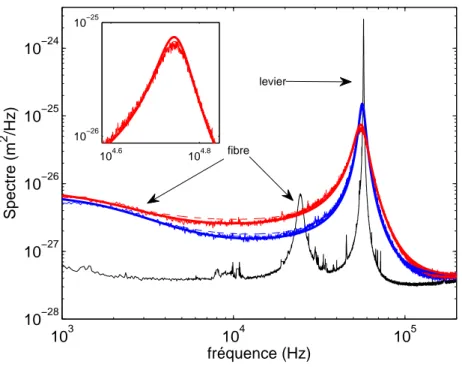 Figure 1.15 – Spectre de bruit thermique du microlevier B10s3 dans l’hexadecane pour lesquelles les résonnances de la fibre et du levier sont suffisament séparées