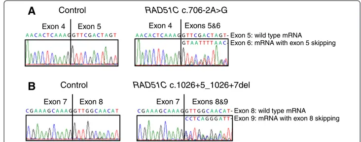 Figure 1 mRNA analysis for RAD51C splicing mutations showing exon skipping. (A) Electropherograms of Sanger sequencing analysis for a control sample with wild type RAD51C mRNA only (left) and for RAD51C c.706-2A &gt; G mutation with two types of mRNA: wild