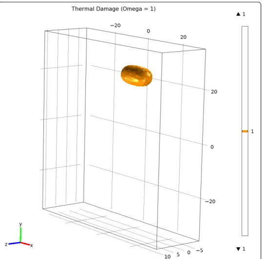 Figure 3 Thermal damage in tissues resulting from the simulation and corresponding to ( Ω = 1).