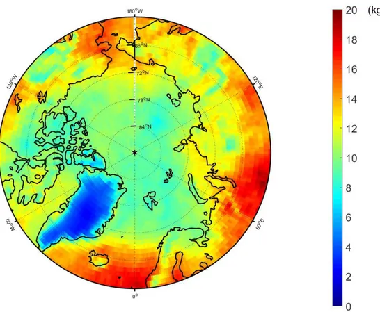 Figure 19 : AIRS TCWV au-dessus de l’Arctique en Juin 2003 en kg/m 2 .    