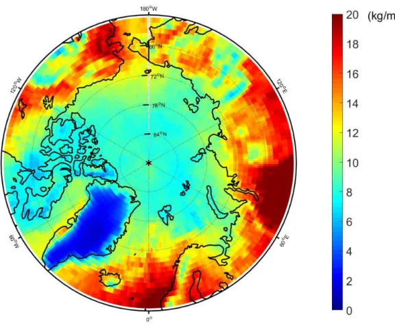 Figure 22 : MODIS TCWV au-dessus de l ’Arctique en Juin 2003  en kg/m 2 . 