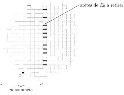 Figure 4.1 – La fermeture des arêtes de E 0 (représentées ici en gras) découpe le graphe en plusieurs composantes connexes, dont celle de x (en traits pleins normaux) qui contient le nombre voulu de sommets