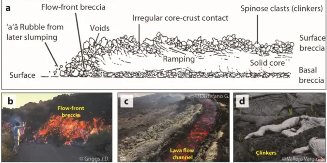 Figure 1. 2  a)  Schematic description of an ‘A’a lava flow section from Lockwood &amp; Lipman (1980) it  shows the layers that compose the flow (surface and basal breccia, solid core) and their surface structures