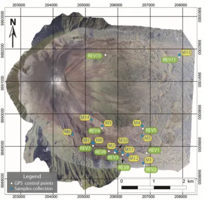 Figure 2. 13 Location of the collected samples (blue dots) and GPS control points (white dots) for DEM  development at El Reventador volcano during the fieldwork.