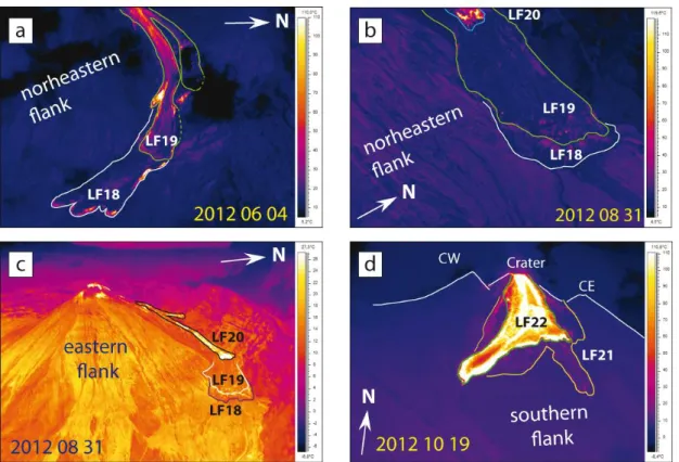 Figure 2. 20 Aerial thermal images of lava flows identified in 2012: a) LF18, LF19; b) and c) LF20; d)  LF21, LF22; e) and f) LF23 (Source: IG-EPN).