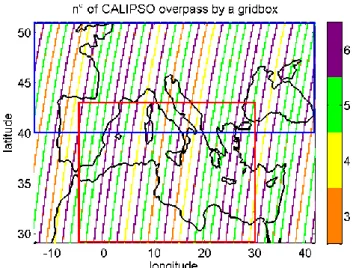 Figure 2.2: Nombre de passages de CALIPSO sur la région Euro-Méditerranée à 20x20 km² pendant JJA 2008