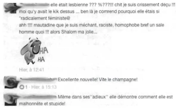 Figure  4  Capture d'écran de commentaires sur  Facebook  suscités par l'annonce du  départ de Judith Lussier en février 2017 du journal  Métro