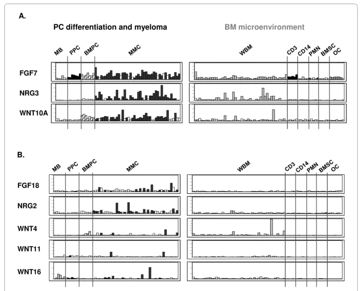 Figure 2 Gene expression of &#34;myeloma MGF&#34; in bone marrow subpopulations. (A) Overexpressed genes in MMC versus CD14, PMN, CD3, BMSCs  and osteoclasts (p ≤ .05, fold-change ≥ 2)