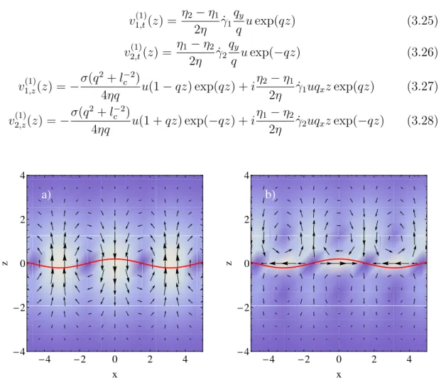 Figure 3.4 – Représentation schématique des deux contributions du champ de vitesse (en unité de l c /τ c ) pour η 2 /η 1 = 0, 5, γ˙ 1 = 1, et ˜ q = e x (soit q = q x = 1 et q y = 0 )