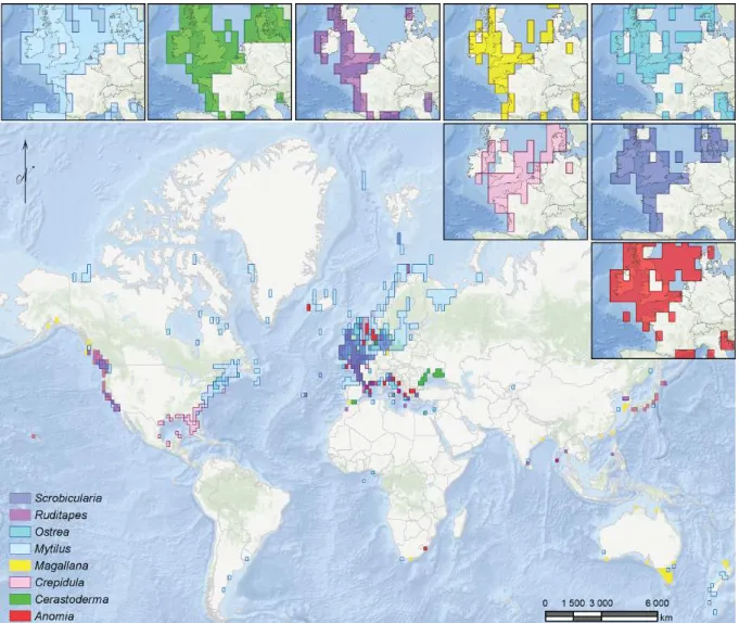Figure II.4. Cartographie de la répartition spatiale des huit espèces retenues pour les expéri- expéri-mentations (les données sont issues du site www.iobis.org).