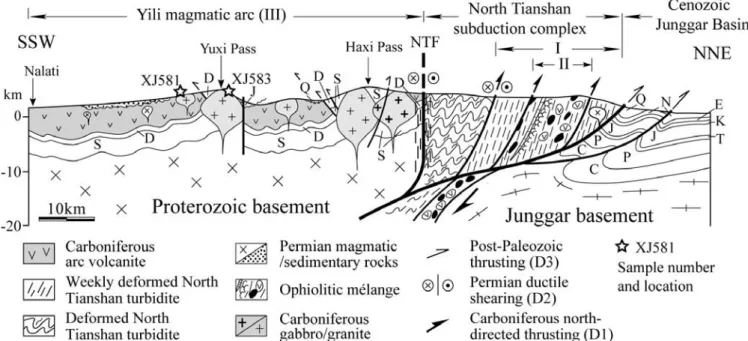 Fig. 2 Crustal scale cross section from Dushanzi to Nalati showing  the polyphase deformation: Carboniferous D1 thrusting, Permian D2  shearing, and Cenozoic D3 thrusting