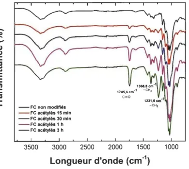 Figure 33 Spectres infrarouges des filaments de cellulose non modifiés et acétylés (lS min, 30 min, 1 h et 3 hl 