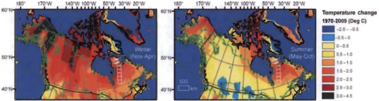 Figure 1.1  Changements  des  températures  moyennes  en  hiver (gauche)  et en été  (droite)  entre  1970 et 2009  à  travers  l'Amérique du Nord boréale (McManus et al