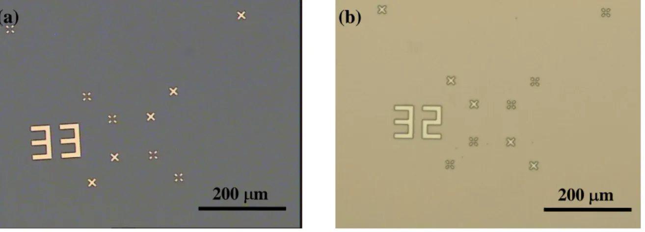 Figure  II-8 :  Image  microscopie  optique  des  croix  d’alignement  en  Pt  sur  (a)  substrat  Si/SiO 2 , (b) sur couche d’Au épitaxiée